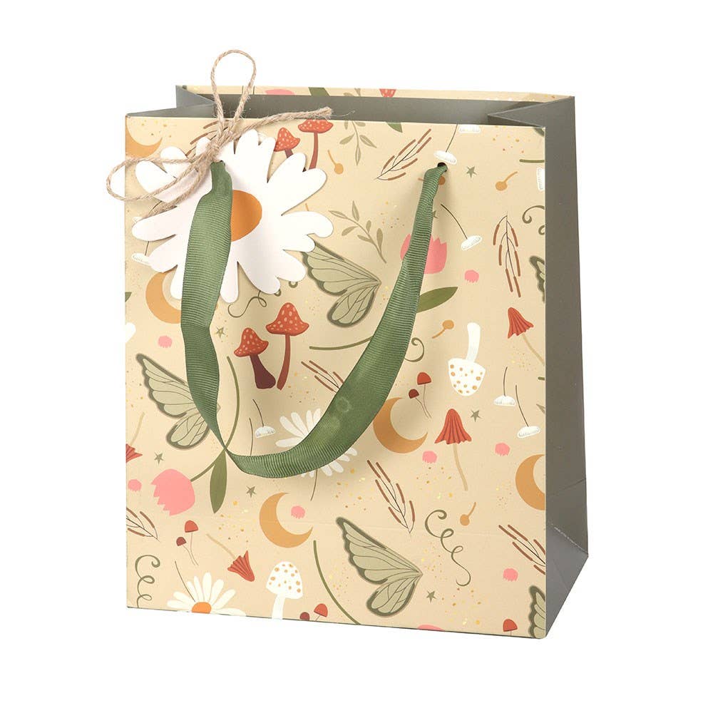 Fairy Folklore Print Gift Bag Medium Green woodland-inspired flower gift tag