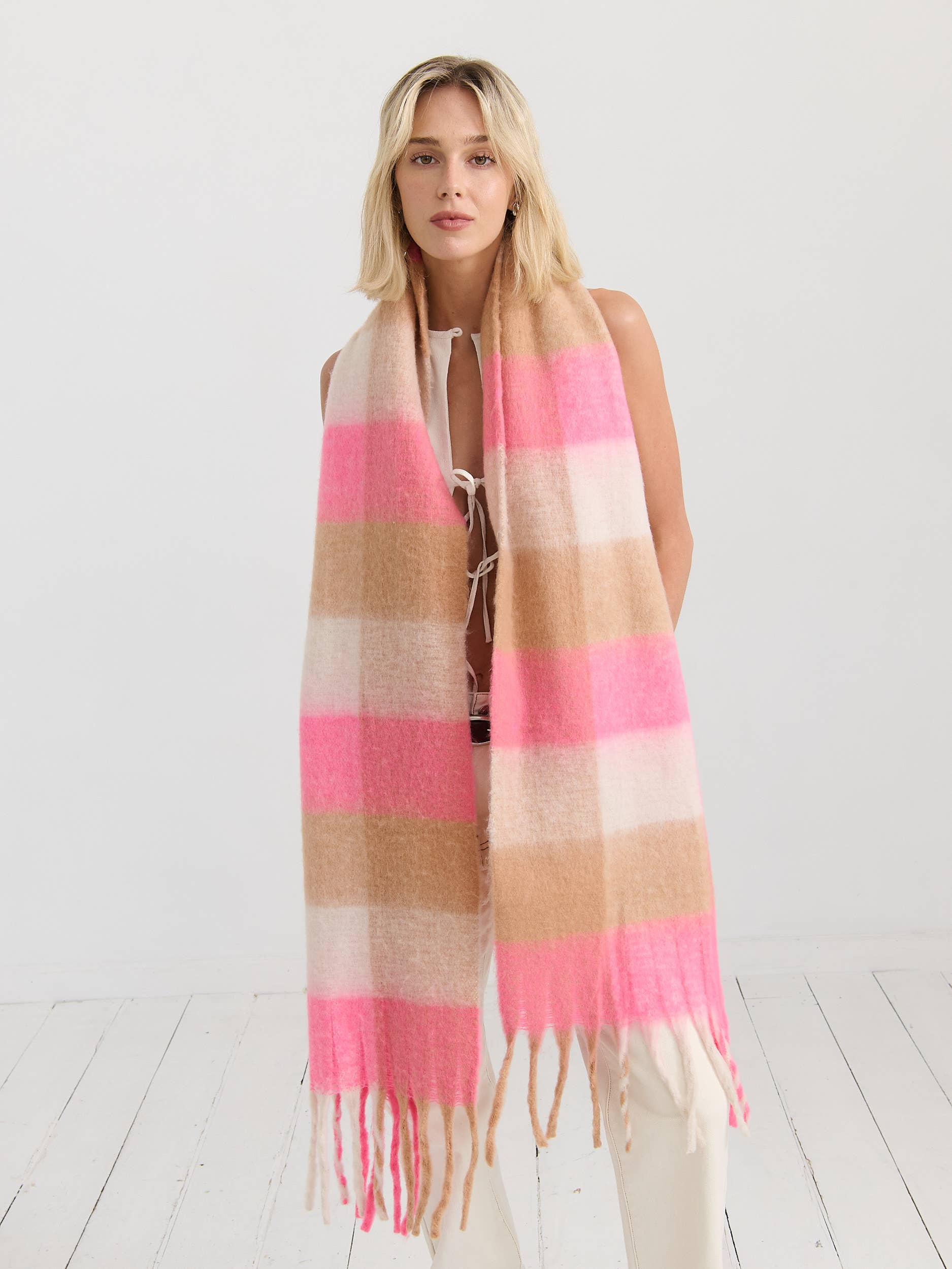 Neon Pink Checkered Fluffy Scarf