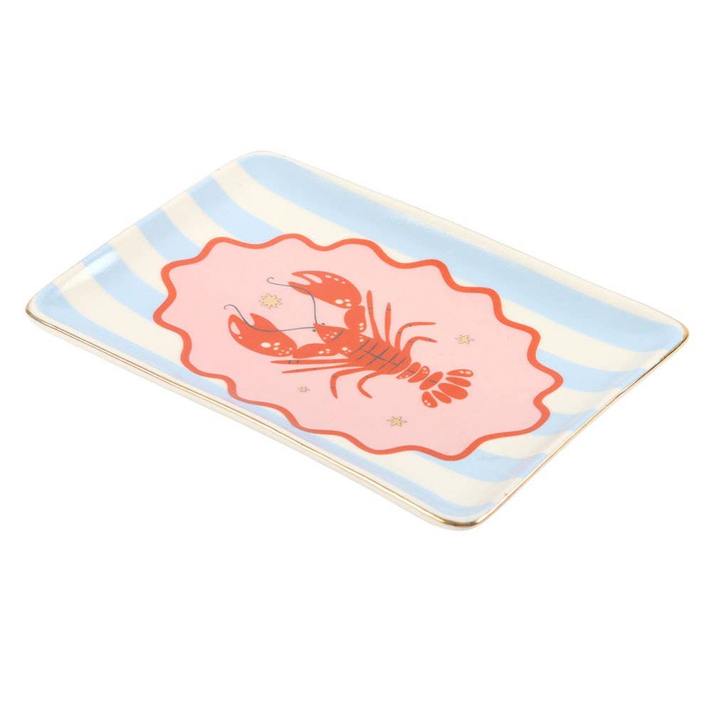 Striped Lobster Trinket Dish Red lobster set against coastal blue stripes Coastal Gift