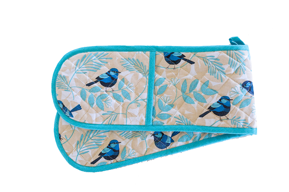 Double Oven Glove - Blue Wren  Designed in Australia * 100% Cotton