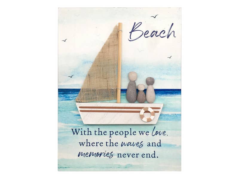 24x18cm Beach Plaque With Rock Family On Boat - Land to Coast