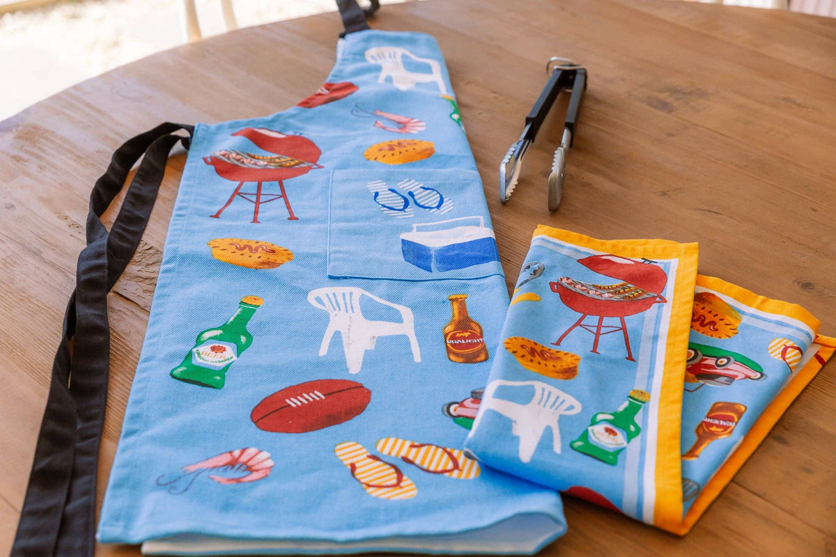 Heavy Drill Cotton Apron Blue Aussie Icons Adjustable neck strap * 60cm x 90cm * 100% Heavy Drill Cotton
