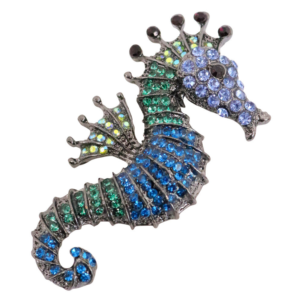 Brooch Seahorse blue, green, and lavender rhinestones
