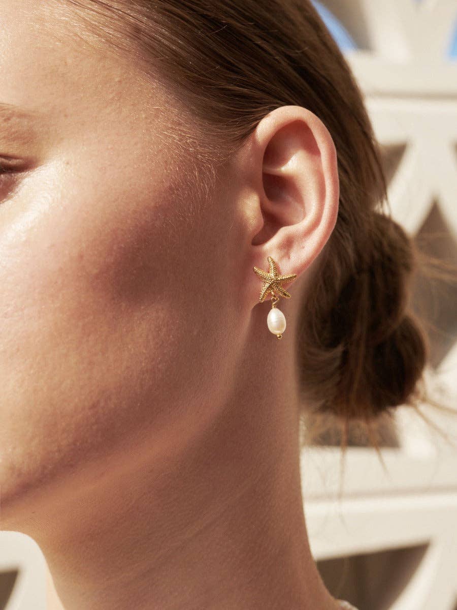Starfish Pearl 18K Gold Plated Earrings Coastal Beach Gift 18K Fine Gold Plating on Brass Base