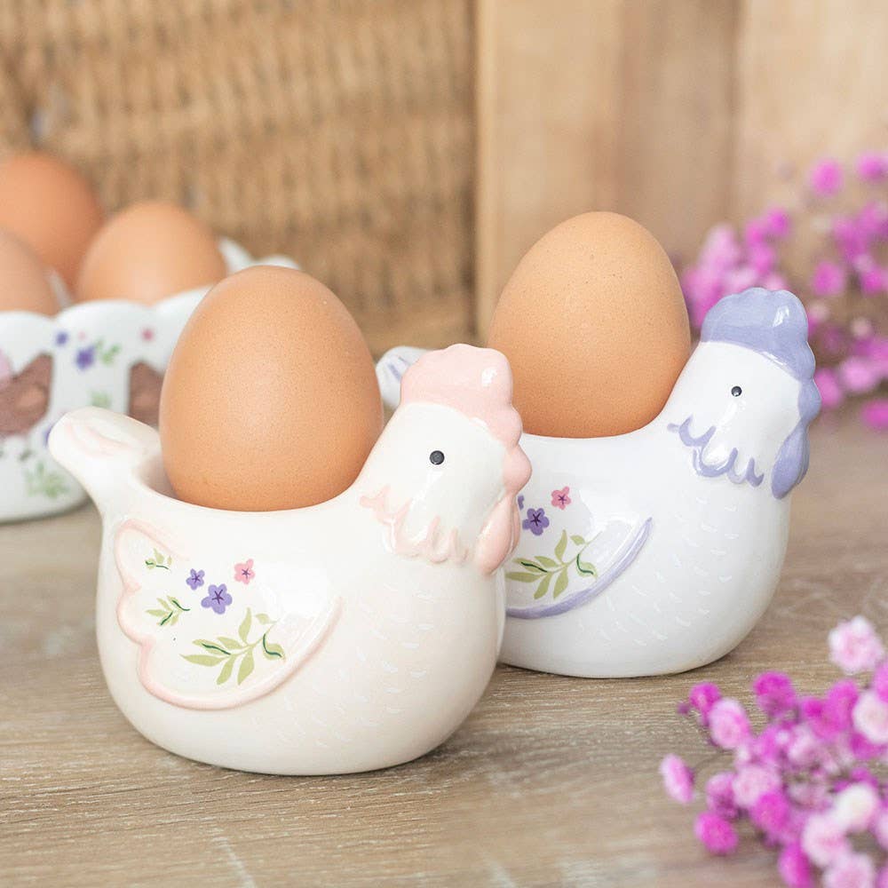 Hen Shaped Set of 2 Egg Cups breakfast pastel finishes and floral wing country chicken-themed gifts