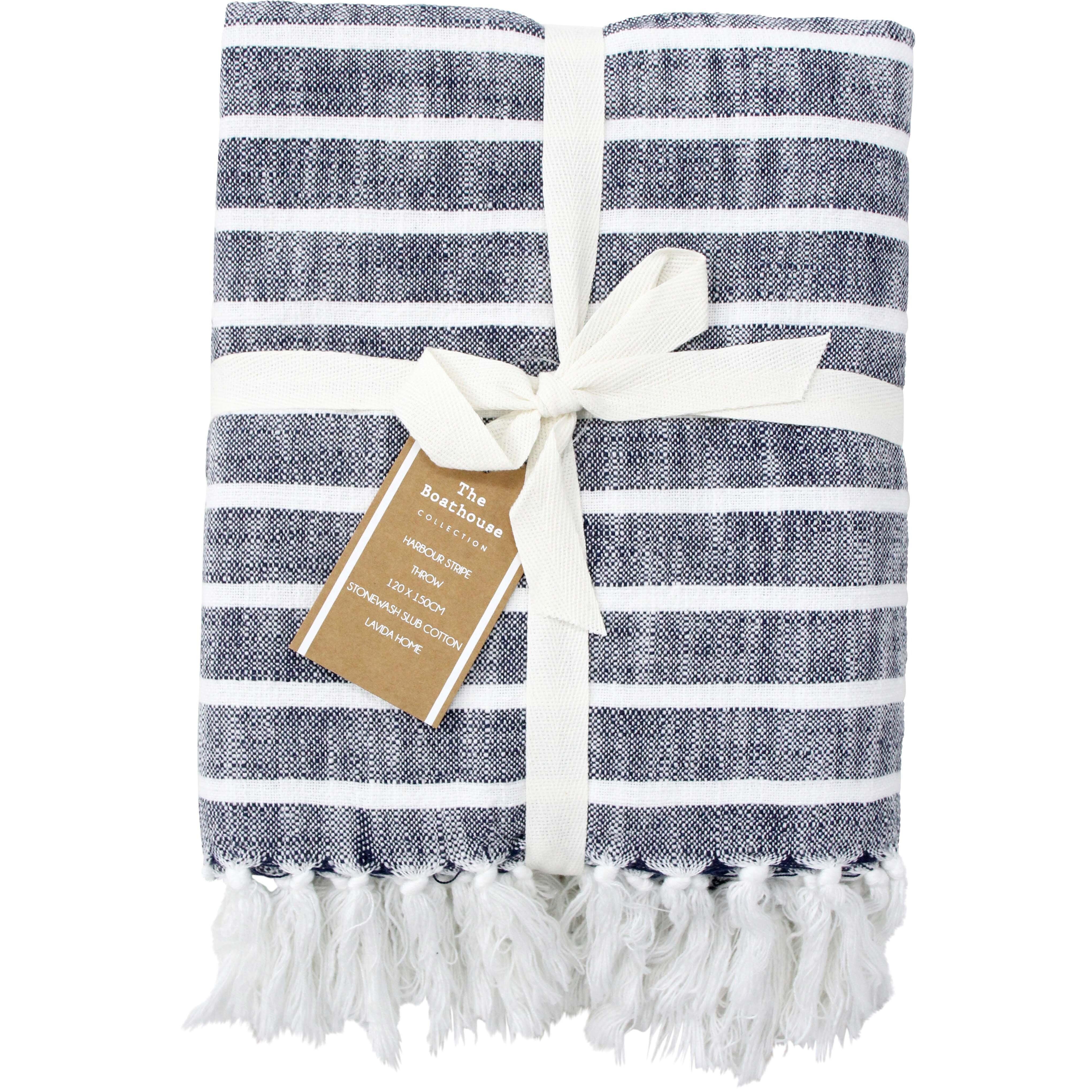 Throw Harbour Stripe Navy Blanket 120x150cm 100% Cotton Coastal Rug Gift