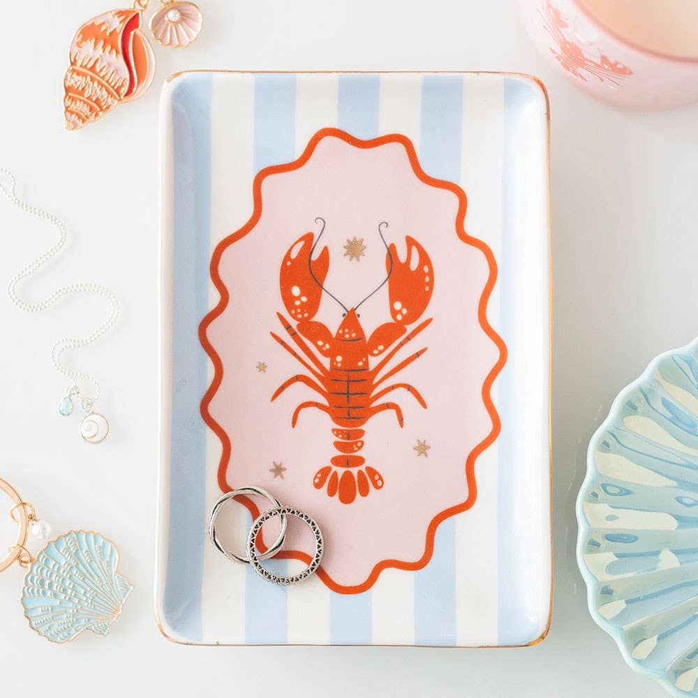 Striped Lobster Trinket Dish Red lobster set against coastal blue stripes Coastal Gift