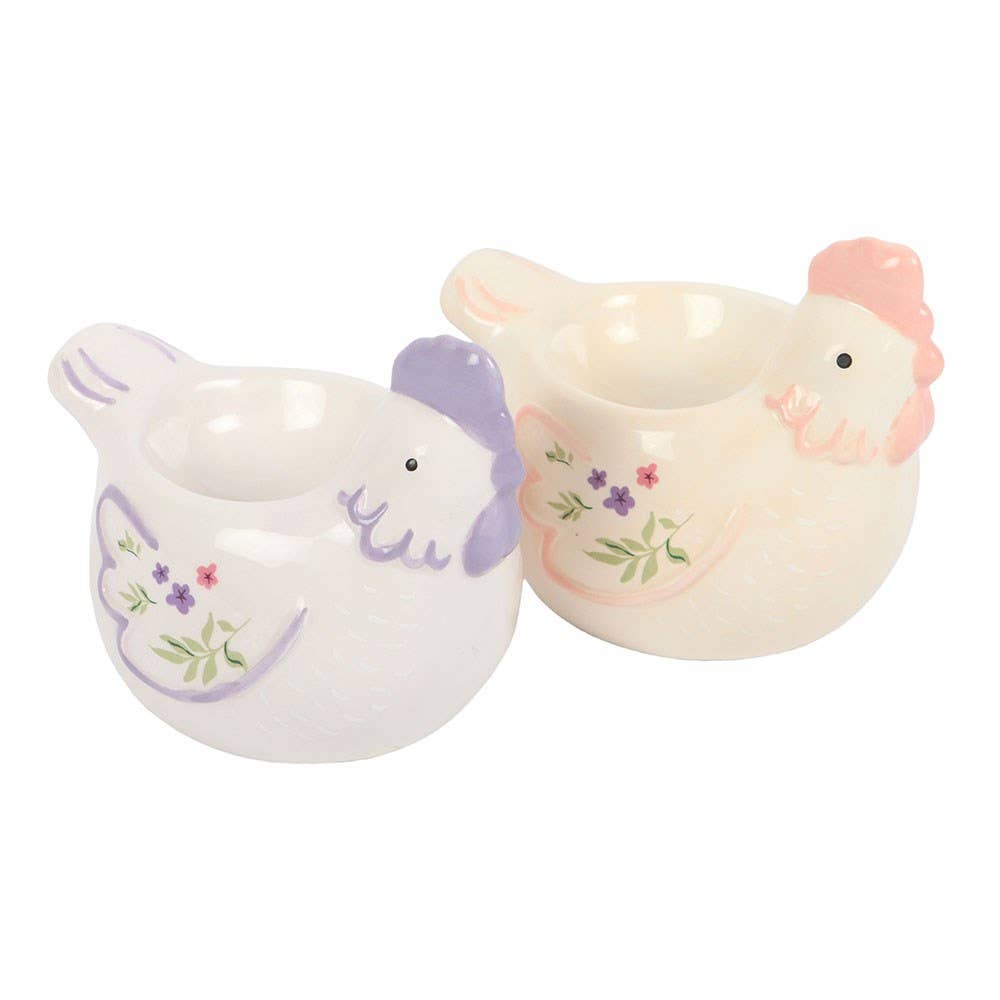 Hen Shaped Set of 2 Egg Cups breakfast pastel finishes and floral wing country chicken-themed gifts