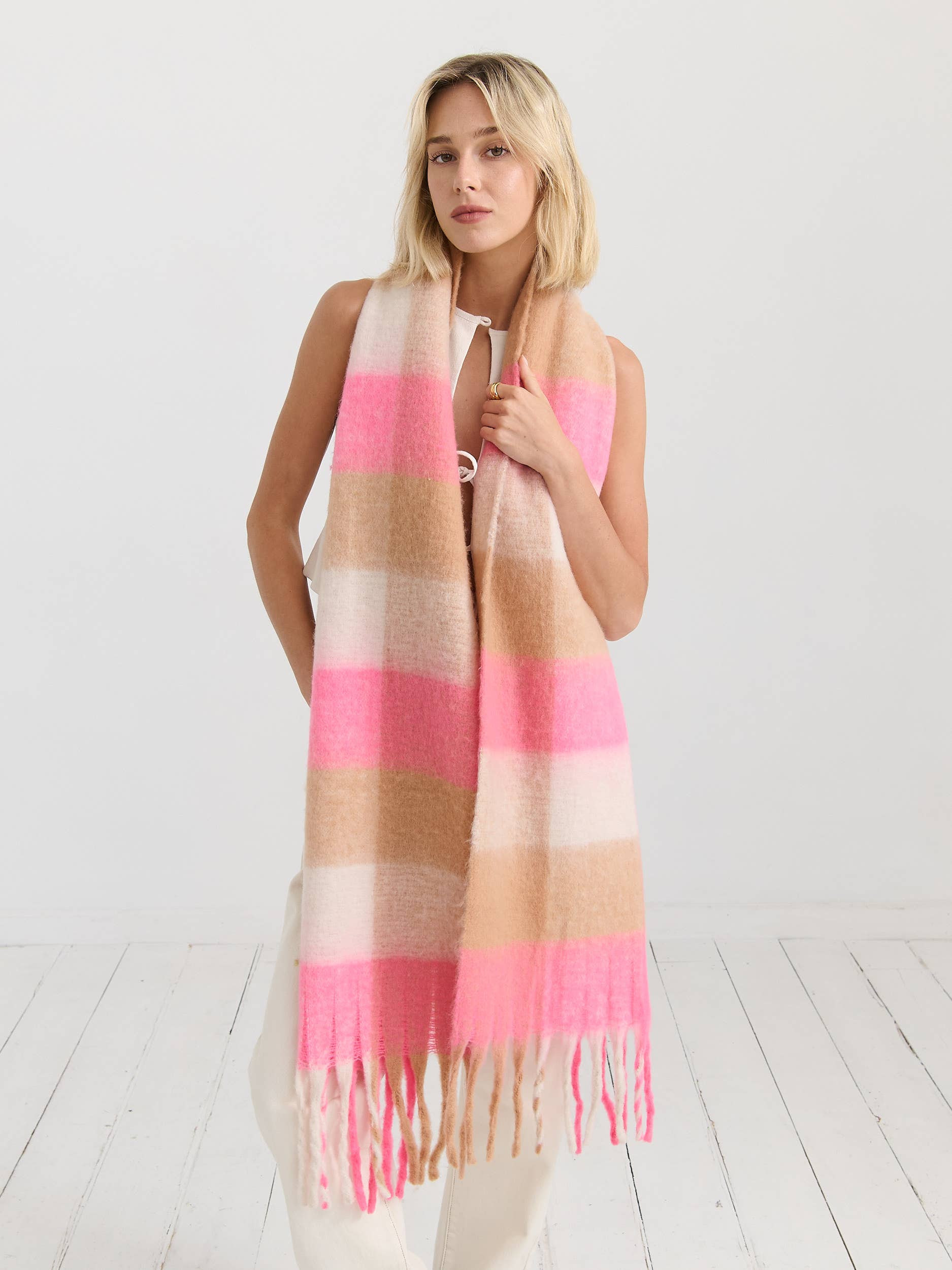 Neon Pink Checkered Fluffy Scarf
