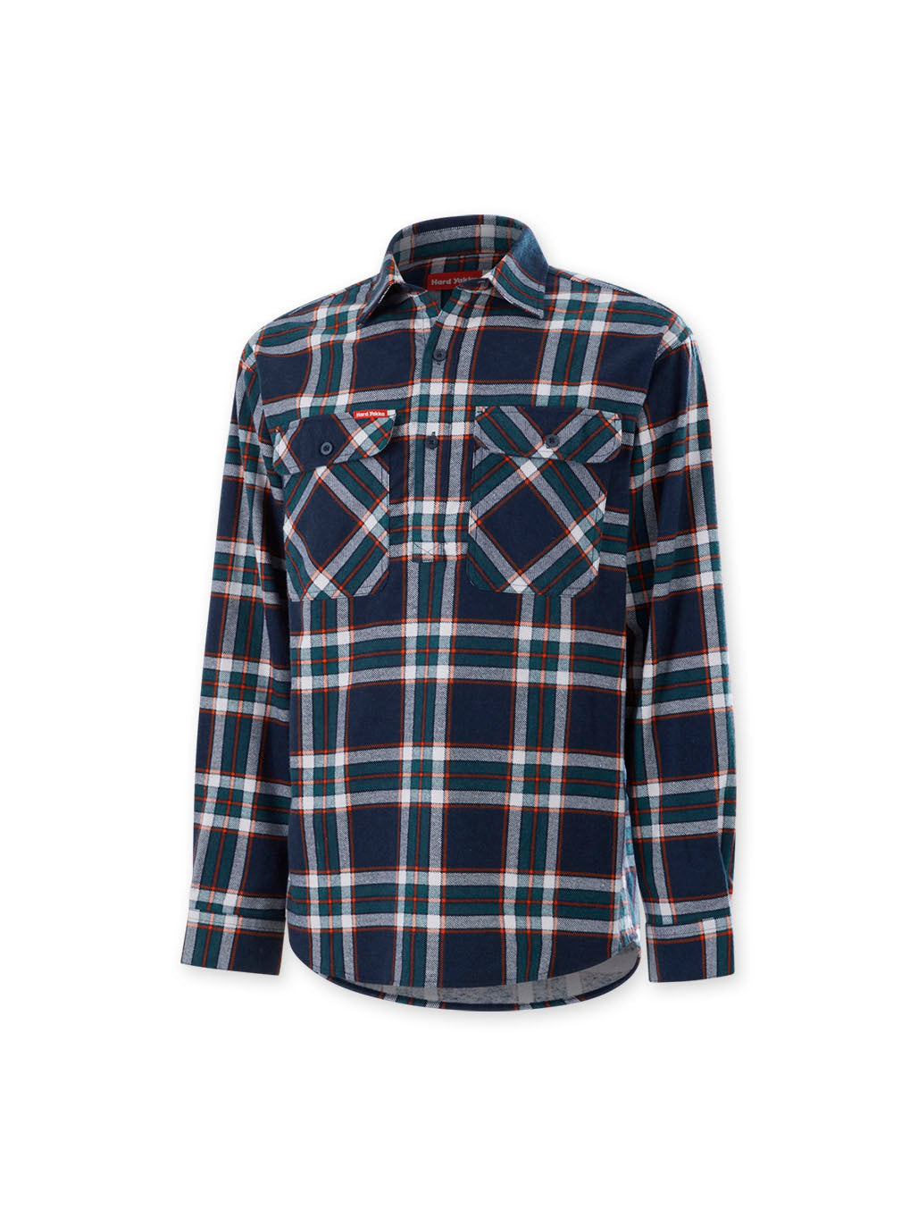 Hard Yakka Core LS Closed Front Flannel Work Shirt Durable NAVY ORANGE CHECK Y04006