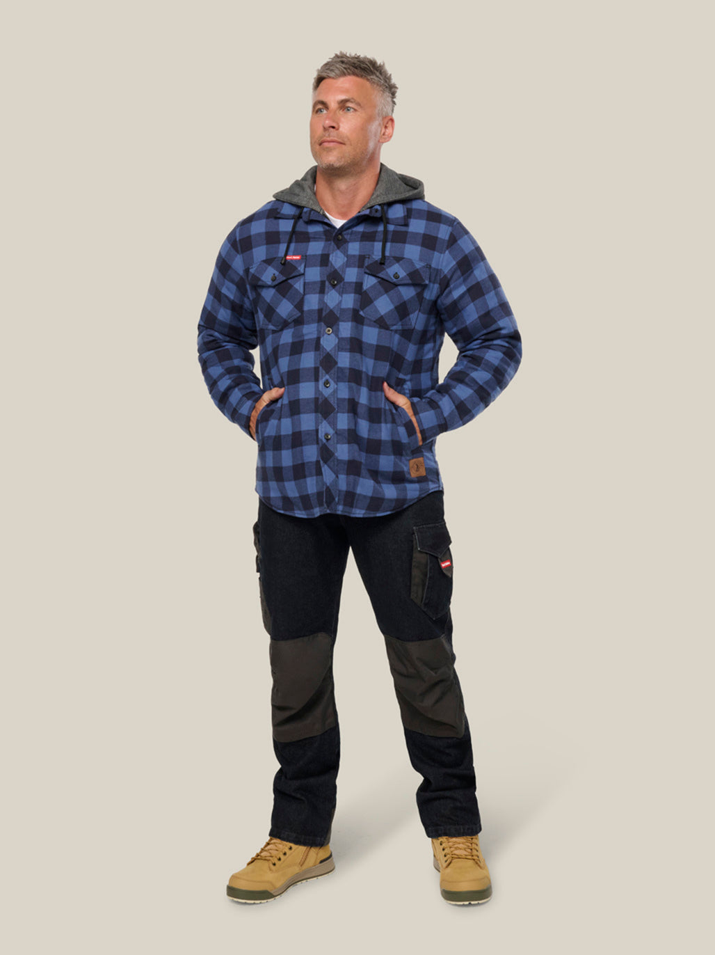 Hard Yakka Quilted Flannel Hooded Shacket Warm Workwear Jacket DEEP BLUE Y06690