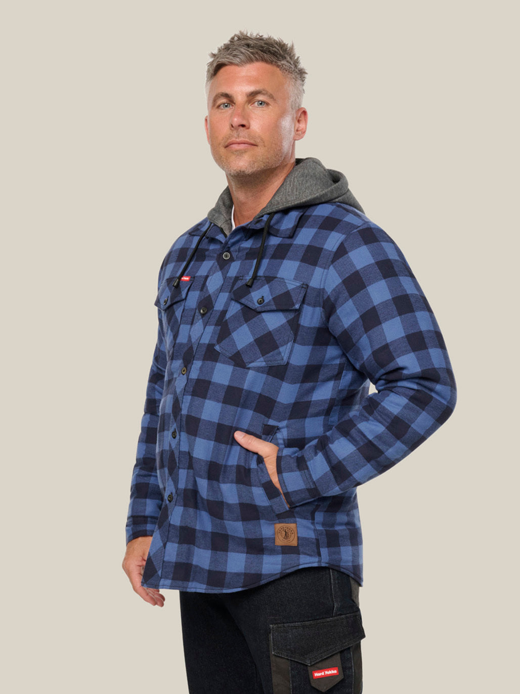 Hard Yakka Quilted Flannel Hooded Shacket Warm Workwear Jacket DEEP BLUE Y06690