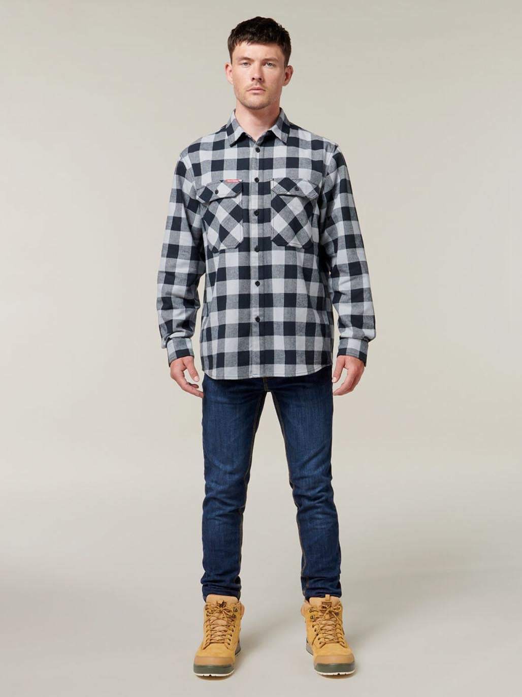 Hard Yakka Long Sleeve Check Flannel Cotton Work Shirt Durable SMOKE Y07295