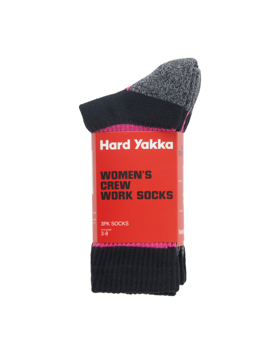 Hard Yakka Womens 3Pk Crew Socks Cotton Stretch Work Socks 3-8 PINK/BLACK MARLE Y08606