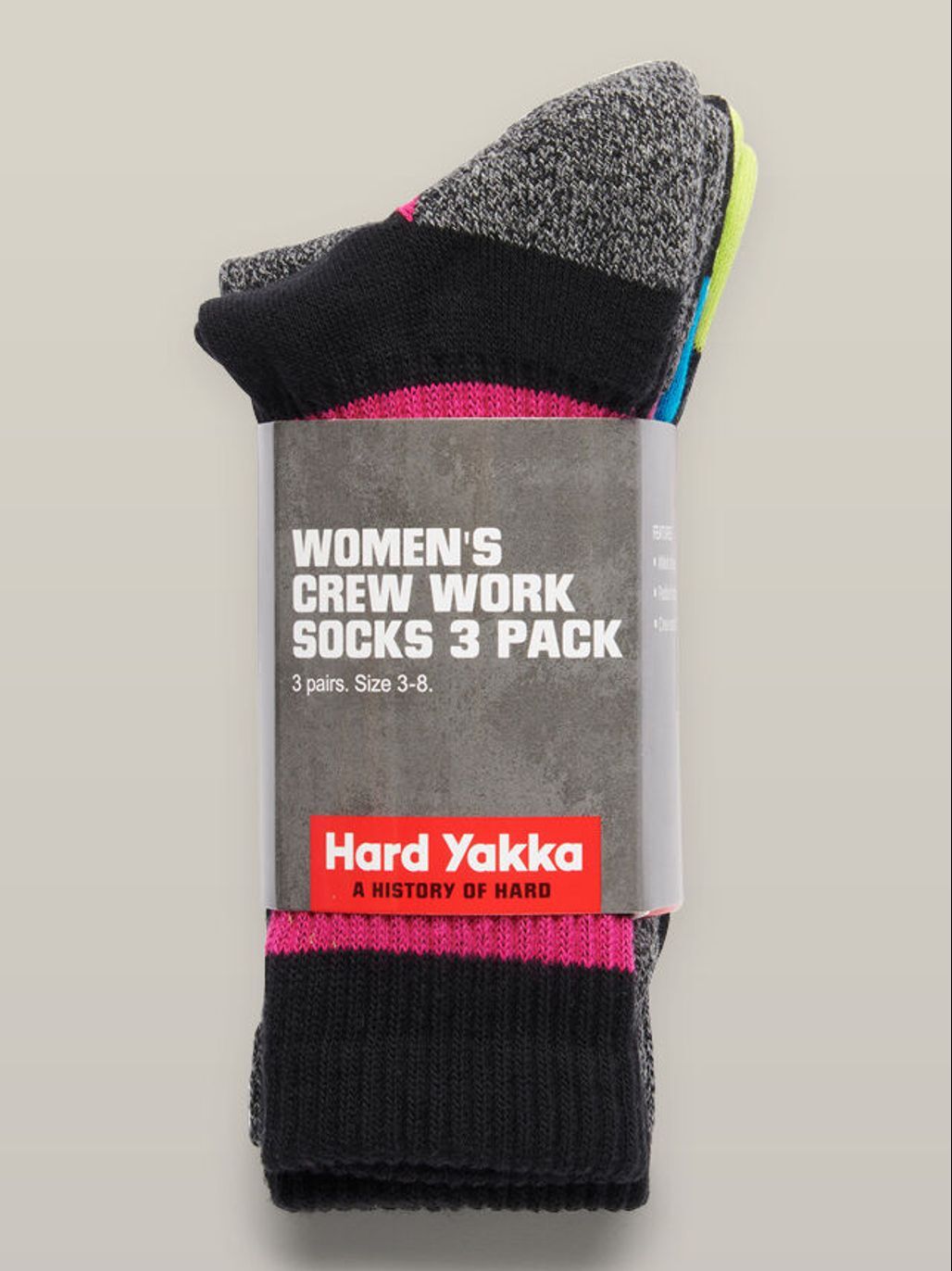 Hard Yakka Womens 3 Pack Crew Work Socks 3-8 Padded Boot Socks MLT Y20120