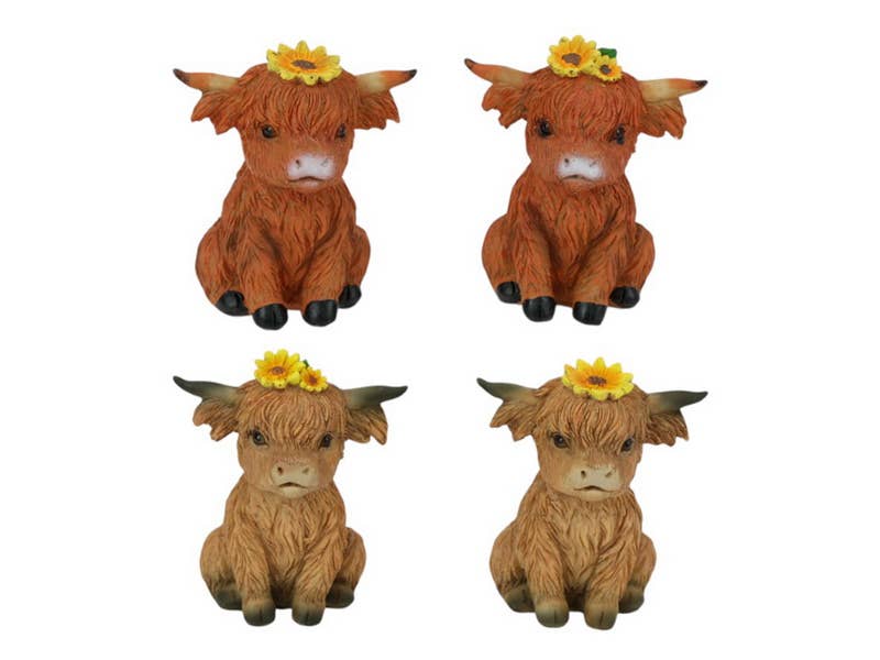 9cm Sitting Highland Cow With Sunflowers Asstd - Land to Coast