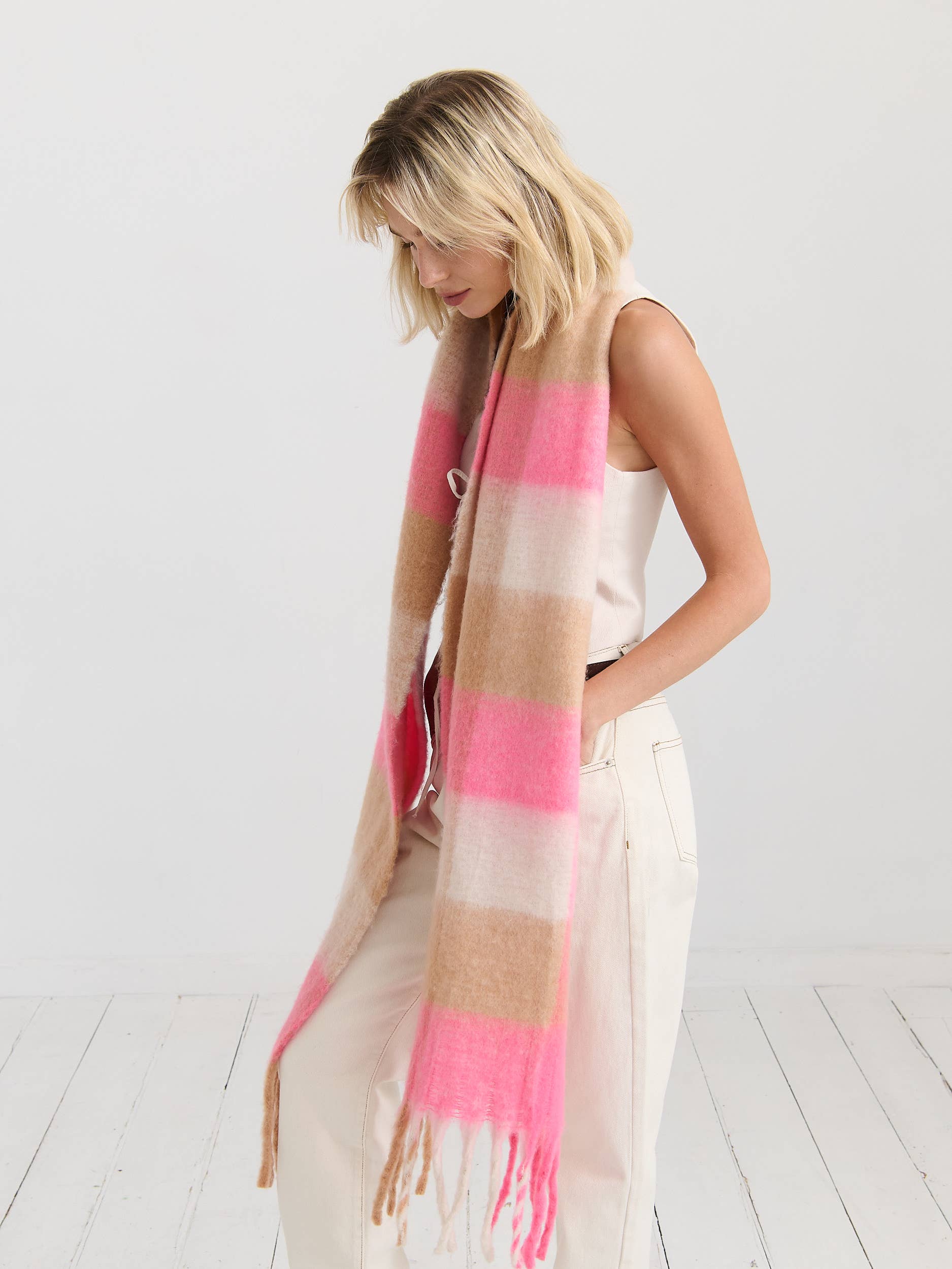 Neon Pink Checkered Fluffy Scarf