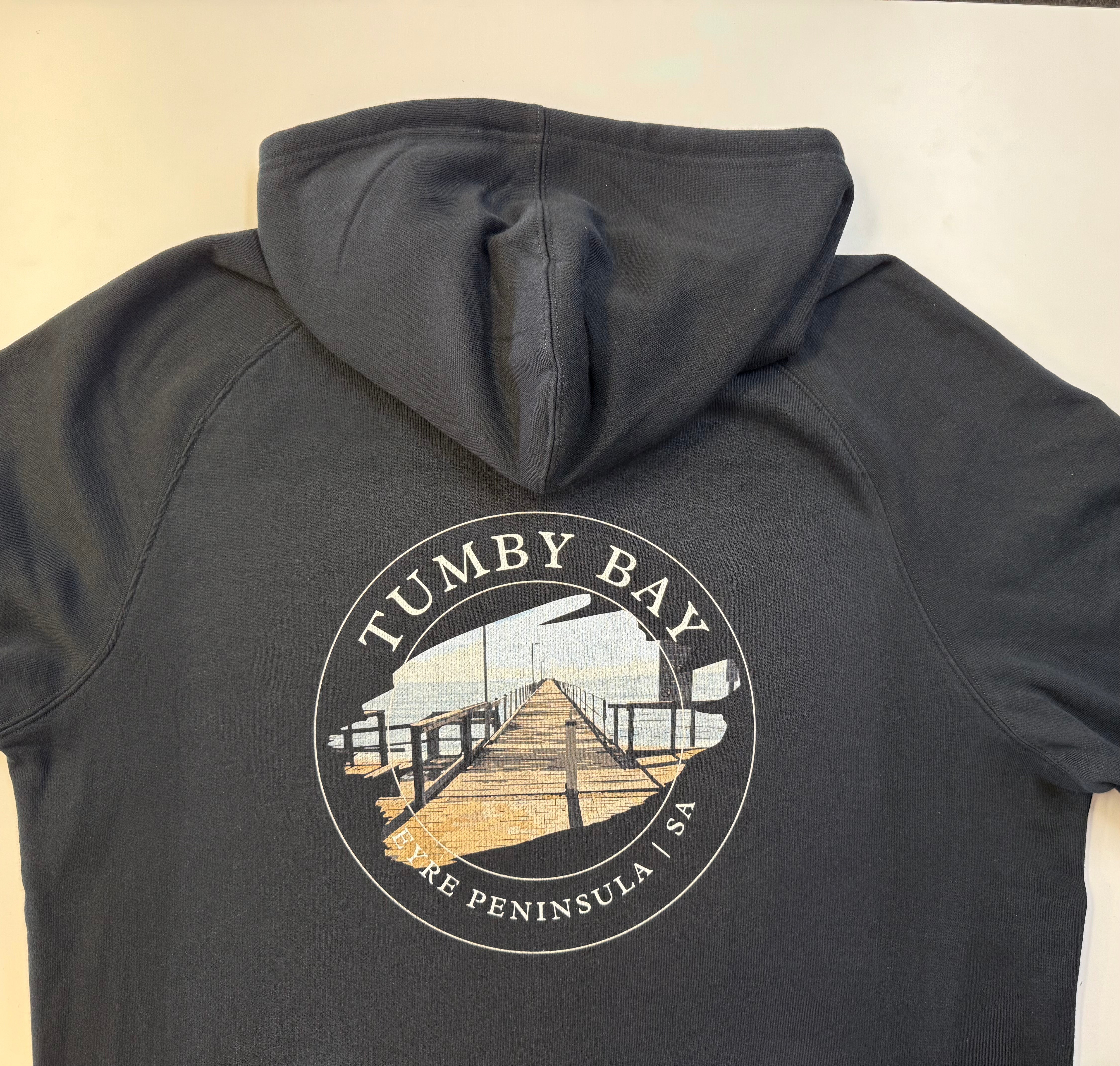 Tumby Bay Jetty DTG Print Wave embroidered Hoodie Unisex Navy