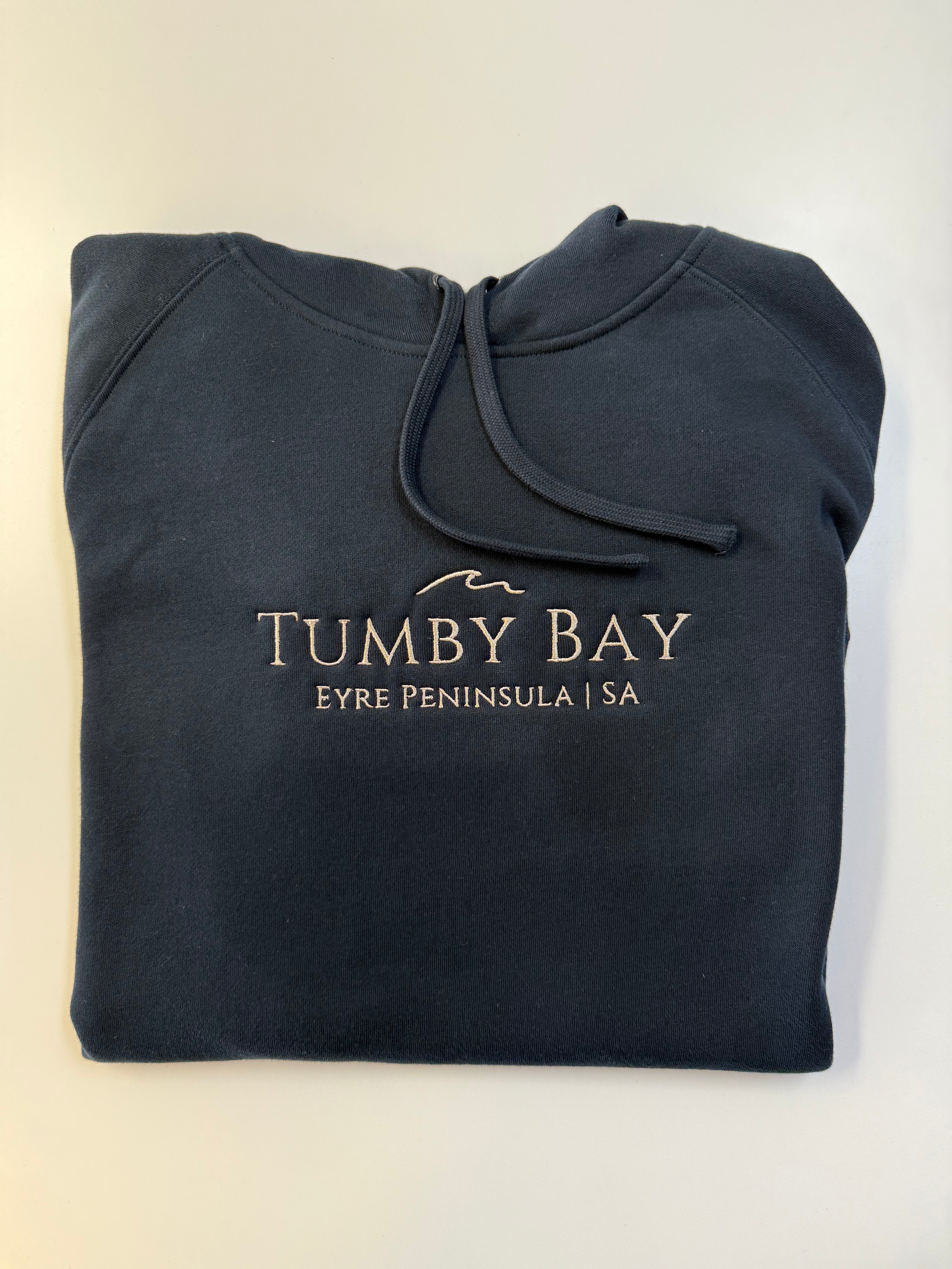 Tumby Bay Jetty DTG Print Wave embroidered Hoodie Unisex Navy