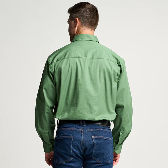 Outback Cobber Kilcoy Mens Half Button Long Sleeve Work Shirt Gum Leaf Green Cotton UPF 50+