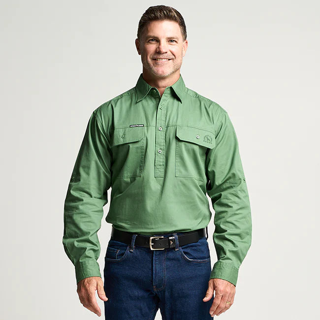 Outback Cobber Kilcoy Mens Half Button Long Sleeve Work Shirt Gum Leaf Green Cotton UPF 50+