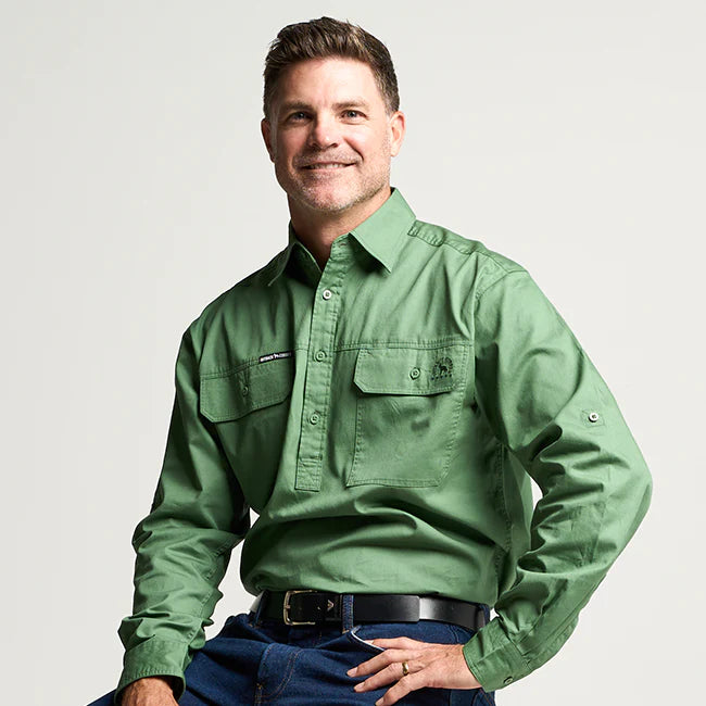 Outback Cobber Kilcoy Mens Half Button Long Sleeve Work Shirt Gum Leaf Green Cotton UPF 50+