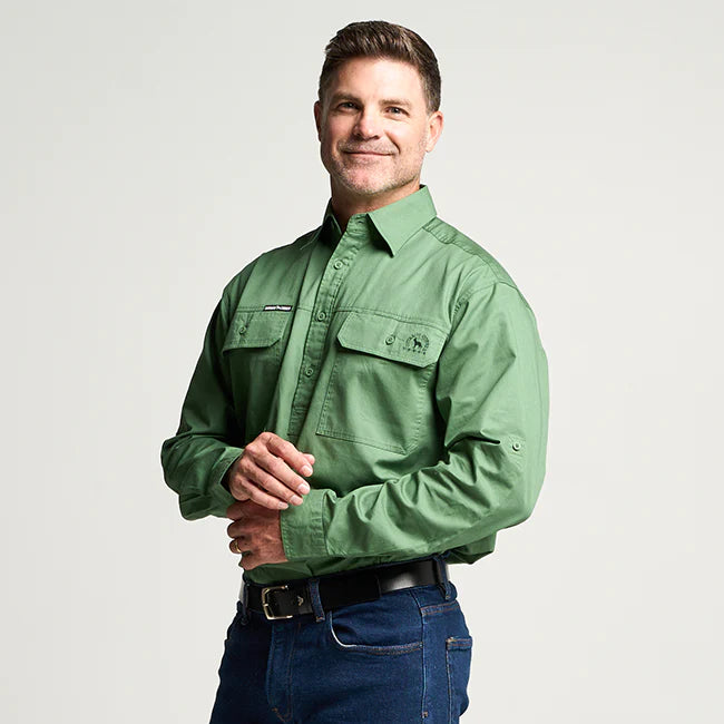 Outback Cobber Kilcoy Mens Half Button Long Sleeve Work Shirt Gum Leaf Green Cotton UPF 50+