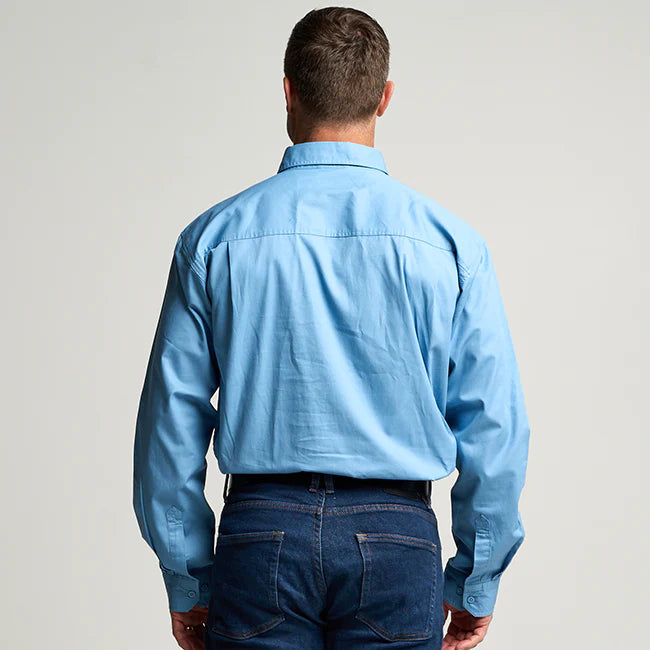 Outback Cobber Kilcoy Mens Half Button Long Sleeve Work Shirt Sky Blue Cotton UPF 50+