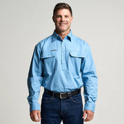 Outback Cobber Kilcoy Mens Half Button Long Sleeve Work Shirt Sky Blue Cotton UPF 50+