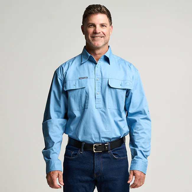Outback Cobber Kilcoy Mens Half Button Long Sleeve Work Shirt Sky Blue Cotton UPF 50+