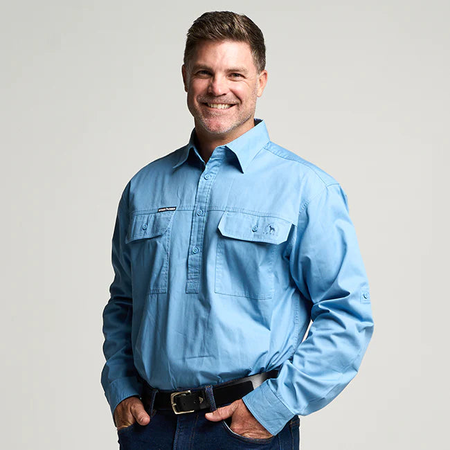 Outback Cobber Kilcoy Mens Half Button Long Sleeve Work Shirt Sky Blue Cotton UPF 50+