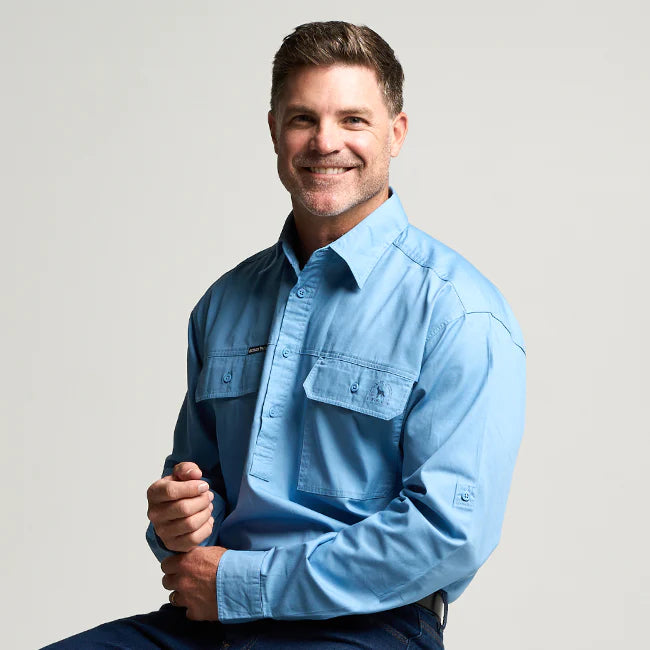 Outback Cobber Kilcoy Mens Half Button Long Sleeve Work Shirt Sky Blue Cotton UPF 50+