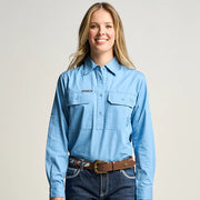 Outback Cobber Somerset Womens Half Button Long Sleeve Work Shirt Sky Blue Cotton UPF 50+