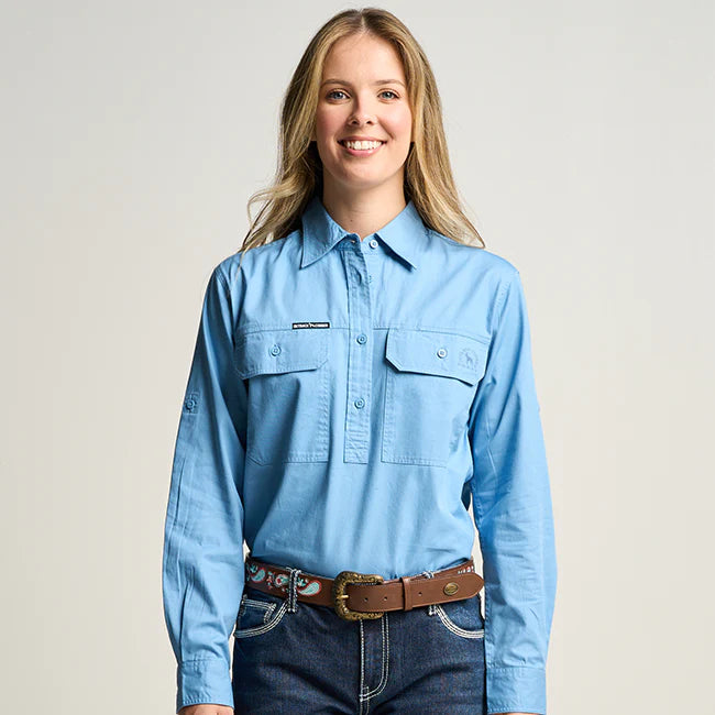 Outback Cobber Somerset Womens Half Button Long Sleeve Work Shirt Sky Blue Cotton UPF 50+