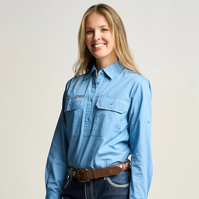 Outback Cobber Somerset Womens Half Button Long Sleeve Work Shirt Sky Blue Cotton UPF 50+