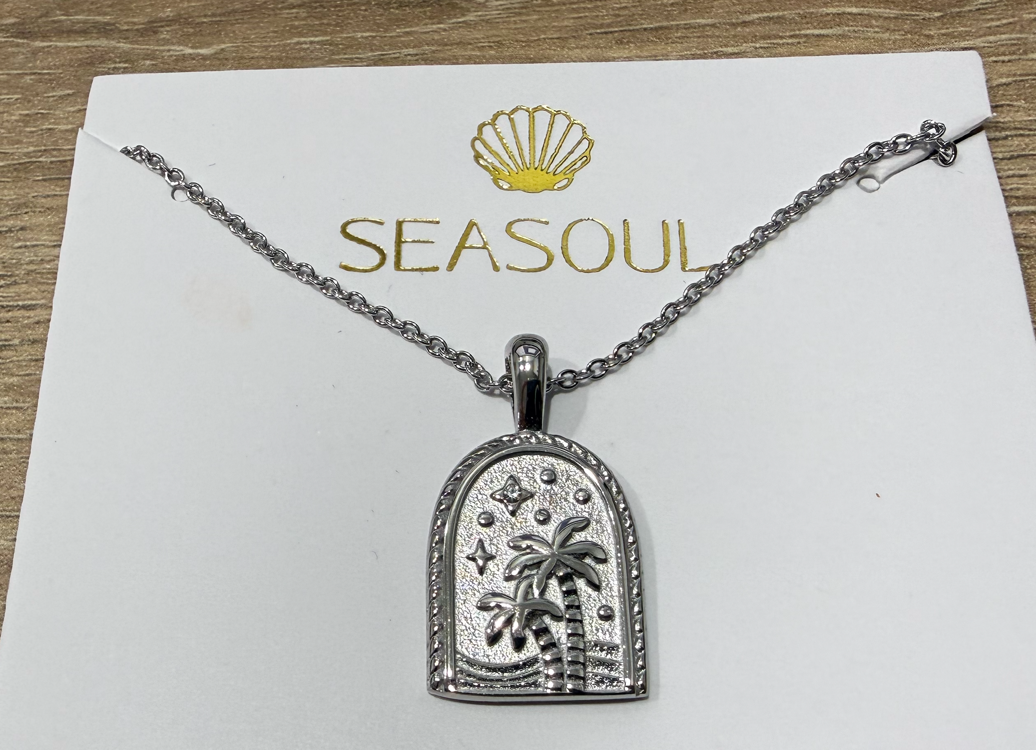 Sea Soul Paradise Palm Necklace Stainless Steel Base 18k Gold Plated  Arch pendant with island details inside