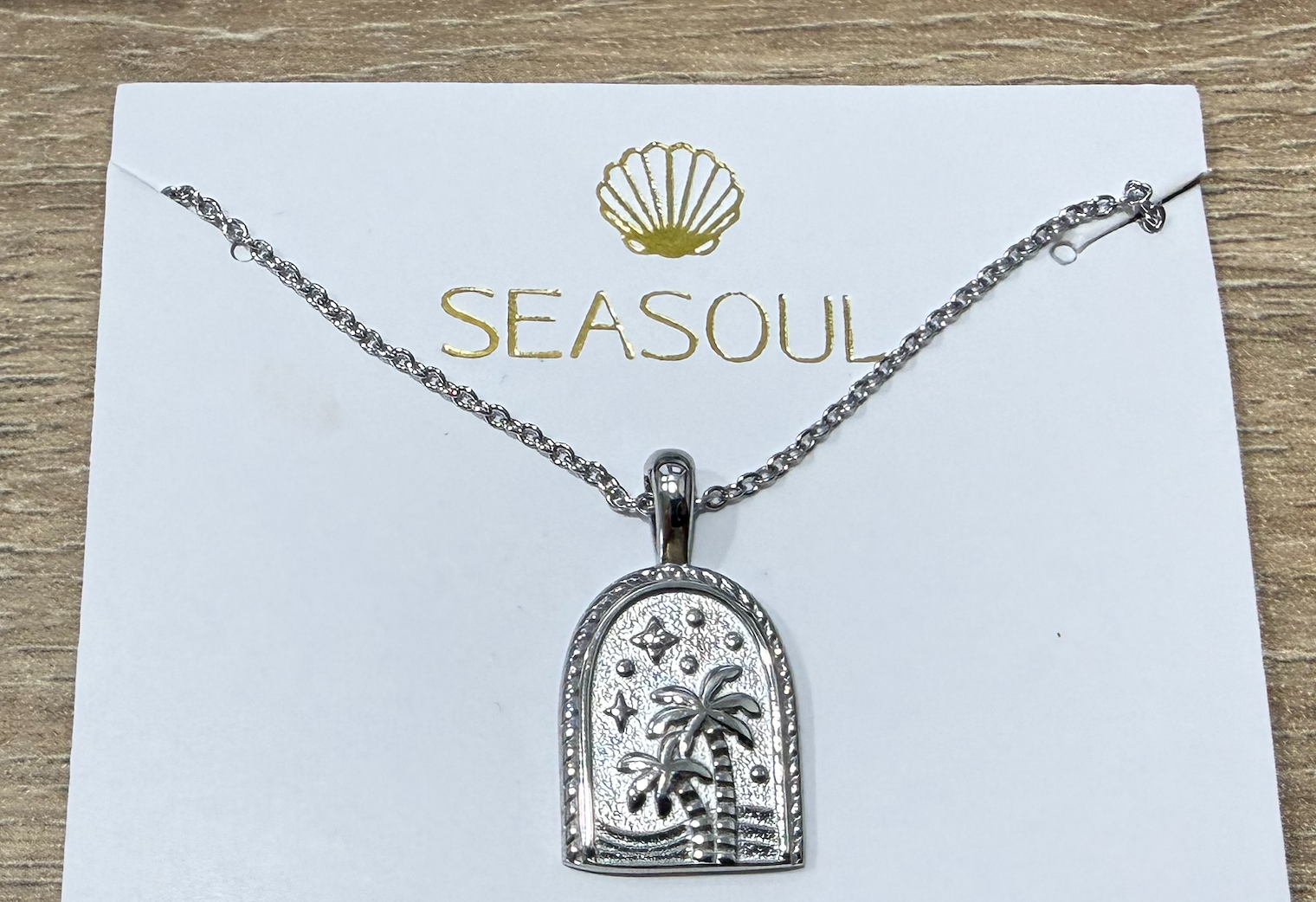 Sea Soul Paradise Palm Necklace Stainless Steel Base 18k Gold Plated  Arch pendant with island details inside