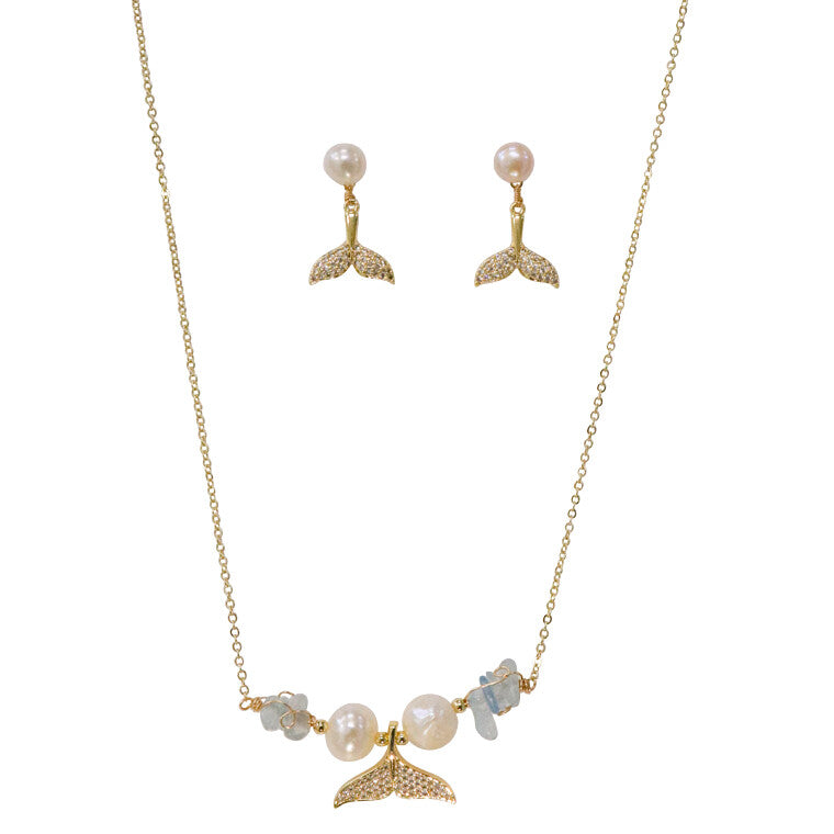 Necklace & Earring Set Whale freshwater pearls natural aquamarine stone, gold-plated copper