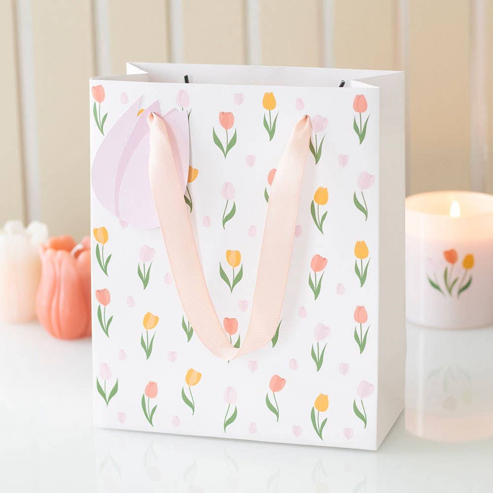 Tulip Print Gift Bag floral-themed vibrant paper gift bag Name Hang Tag