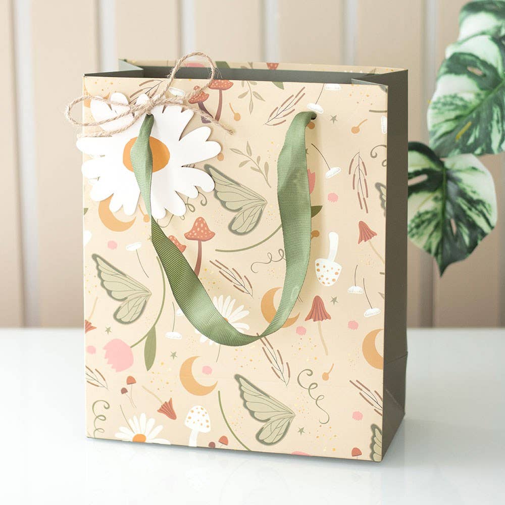 Fairy Folklore Print Gift Bag Medium Green woodland-inspired flower gift tag