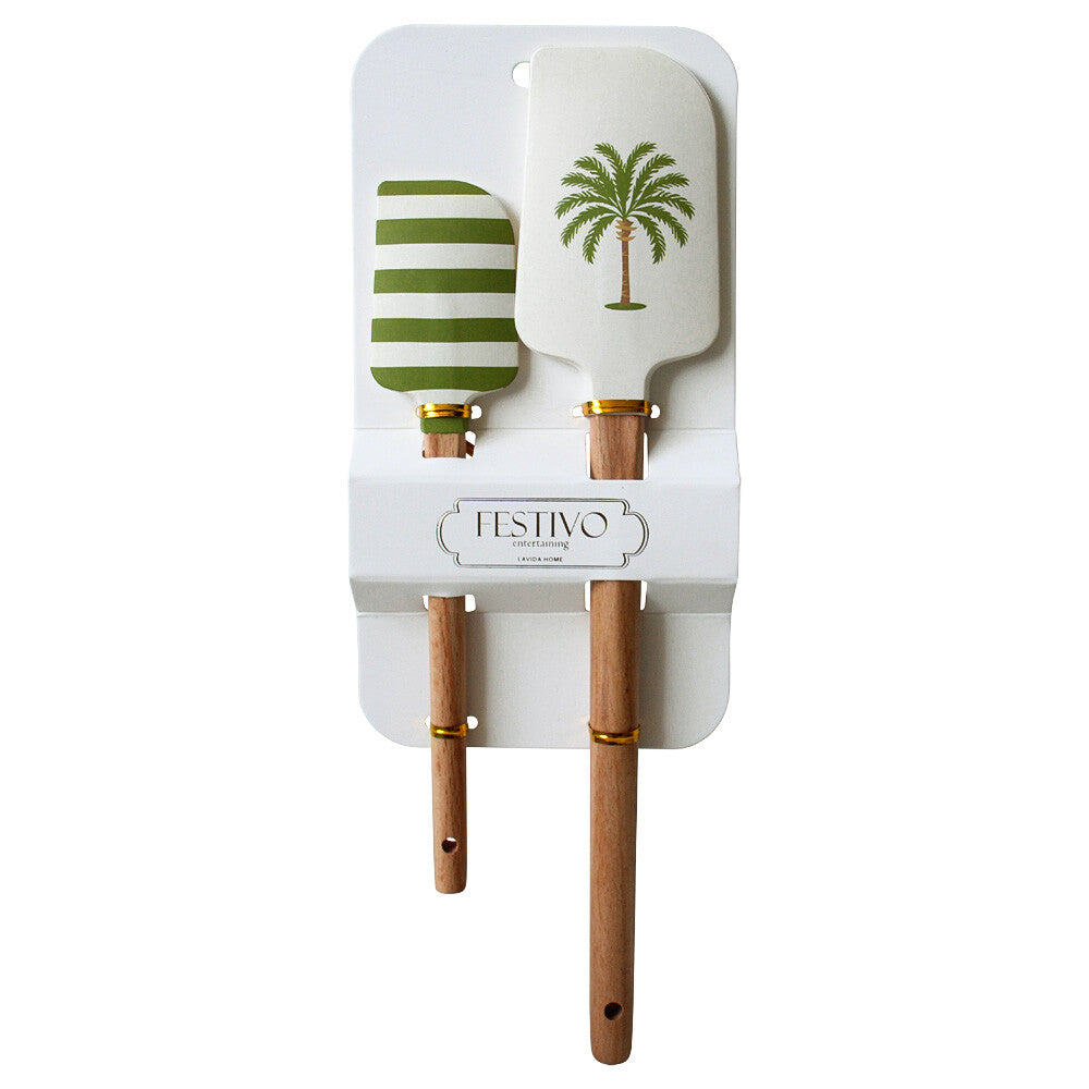Spatula Set Palm Tropical or coastal White Green Gift Silicone Wood kitchen utensils