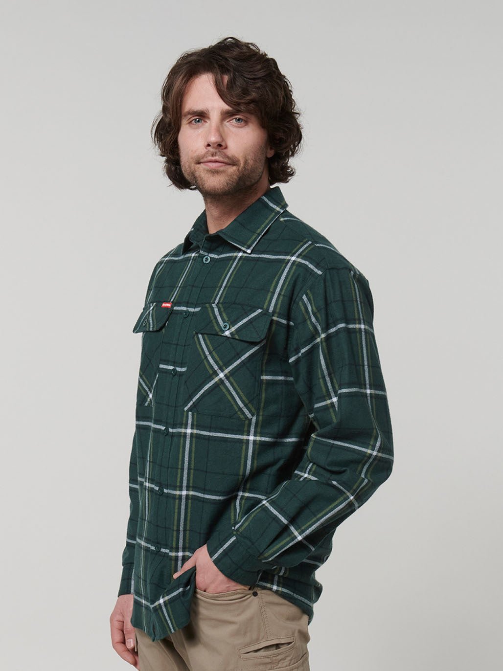 Core Long Sleeve Check Flannel Work Shirt Green Check Y07752 - Land to Coast