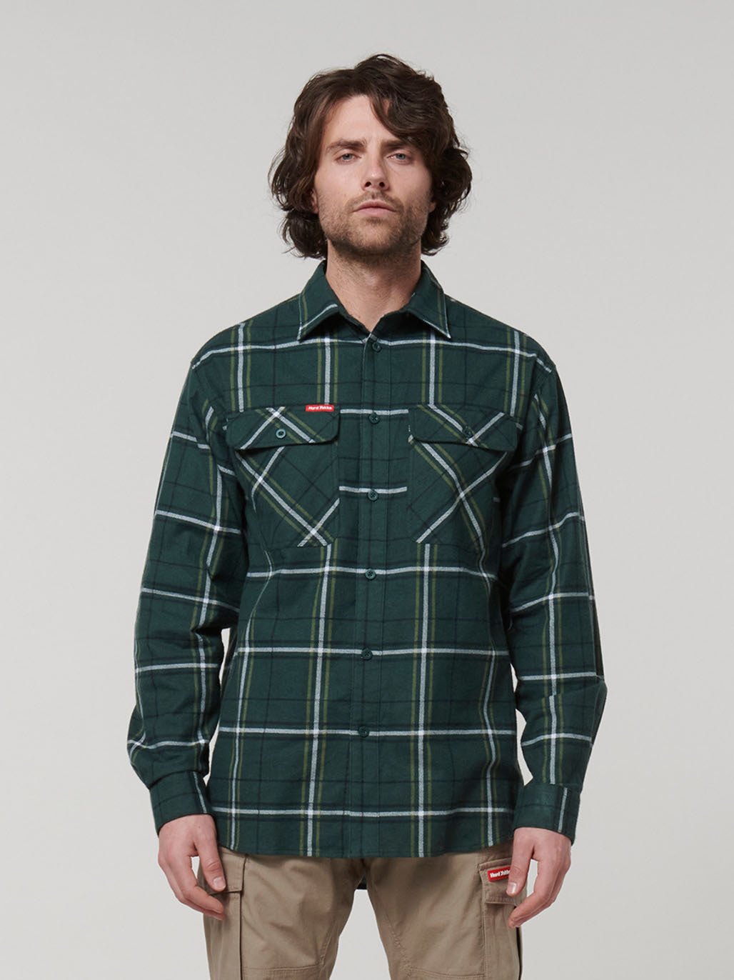 Core Long Sleeve Check Flannel Work Shirt Green Check Y07752 - Land to Coast
