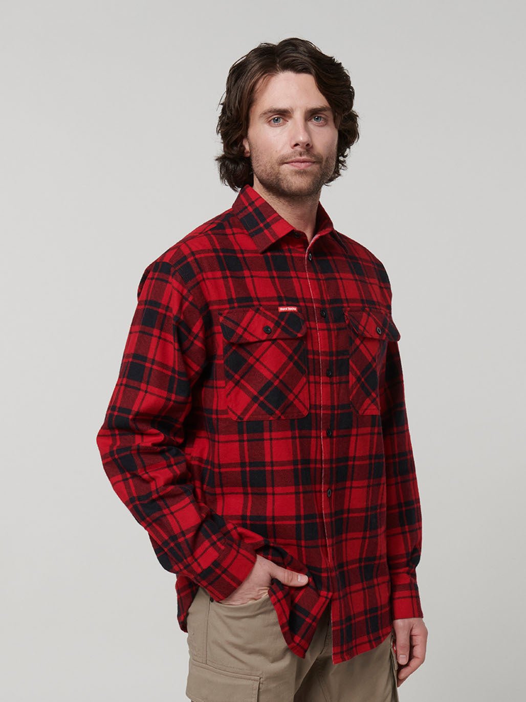 Core Long Sleeve Check Flannel Work Shirt Red Check Y07752 - Land to Coast