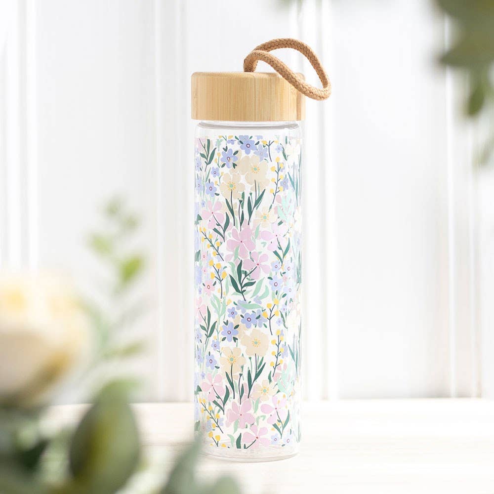 Ditsy Floral Print Glass Water Bottle With Bamboo Lid - Land to Coast