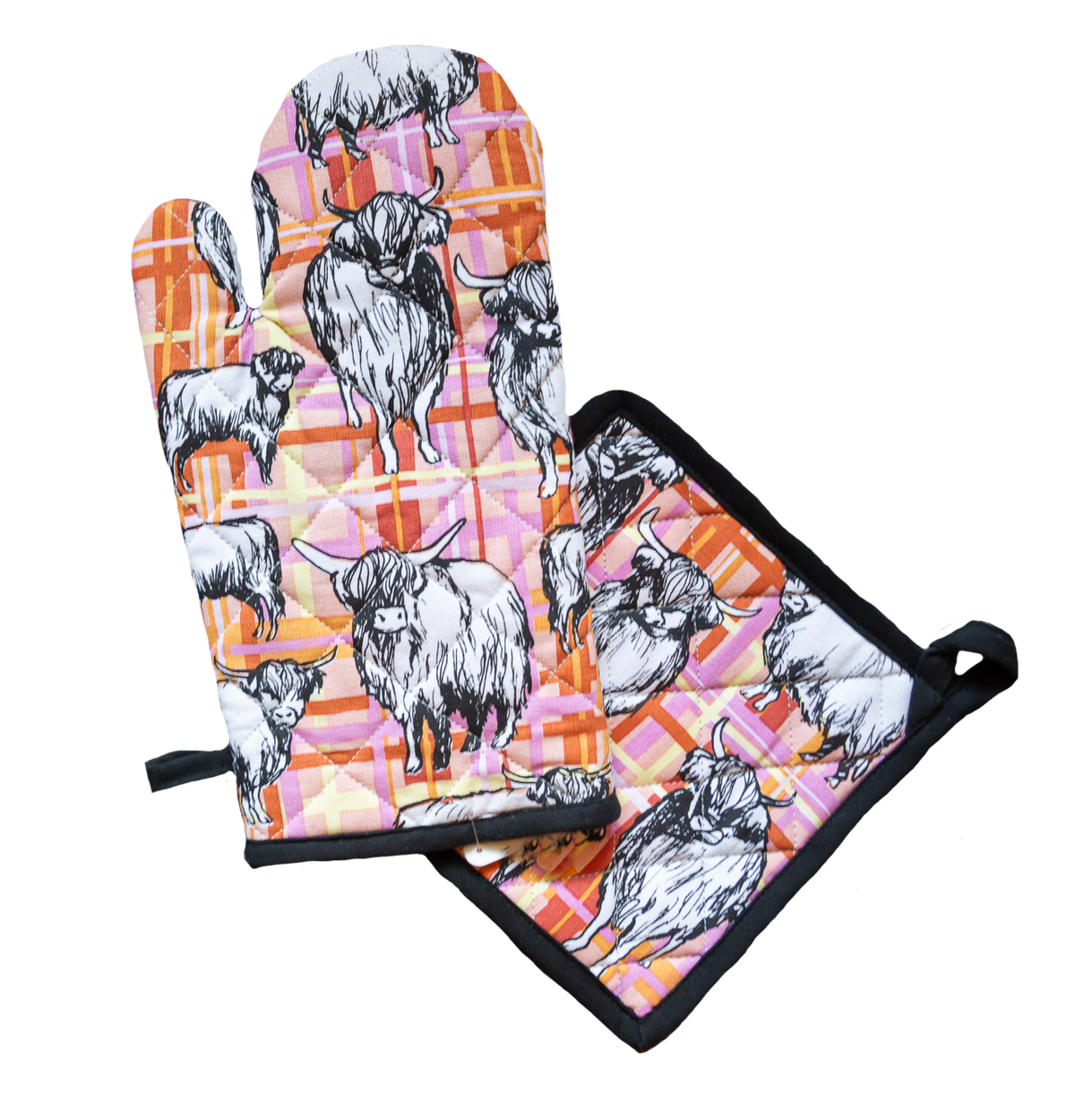 Oven Glove & Pot Holder Set - Highland Cow * Designed in Australia * 100% Cotton * Padded for heat protection