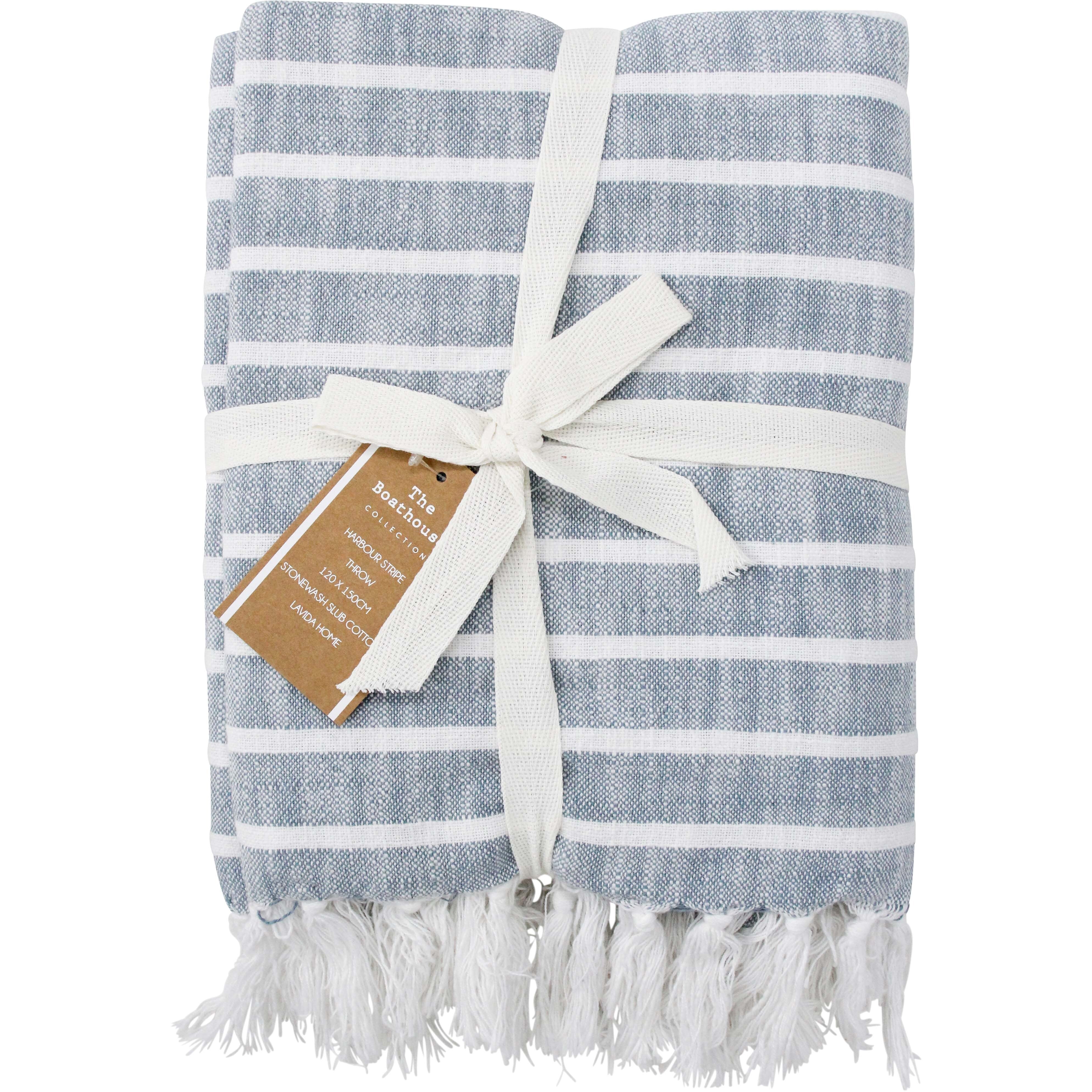 Throw Harbour Stripe Chambray Coastal Rug Gift 100% Cotton Blanket 120x150cm