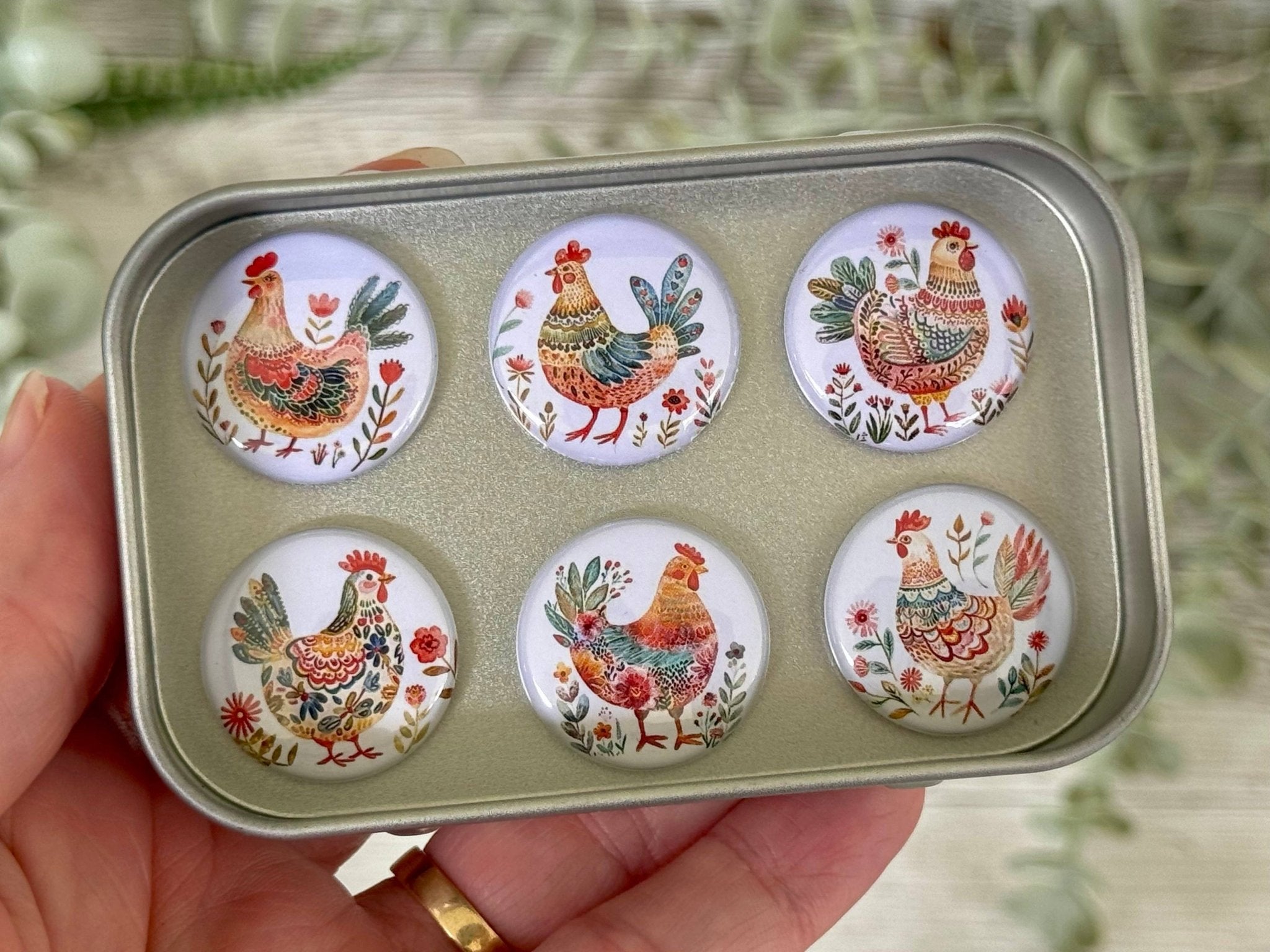 FOLK ART CHICKENS Magnets set of 6 in tin - Land to Coast