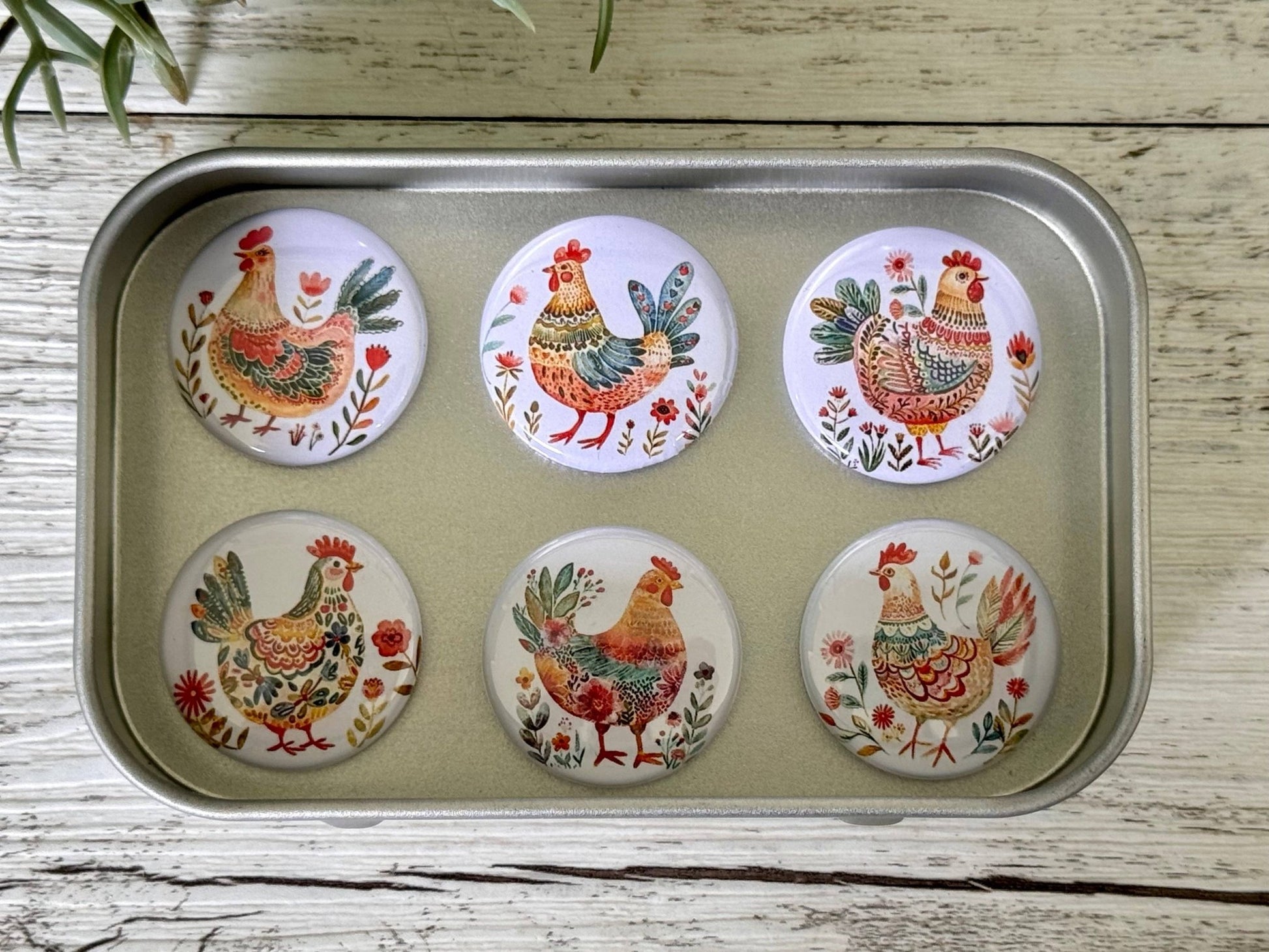 FOLK ART CHICKENS Magnets set of 6 in tin - Land to Coast