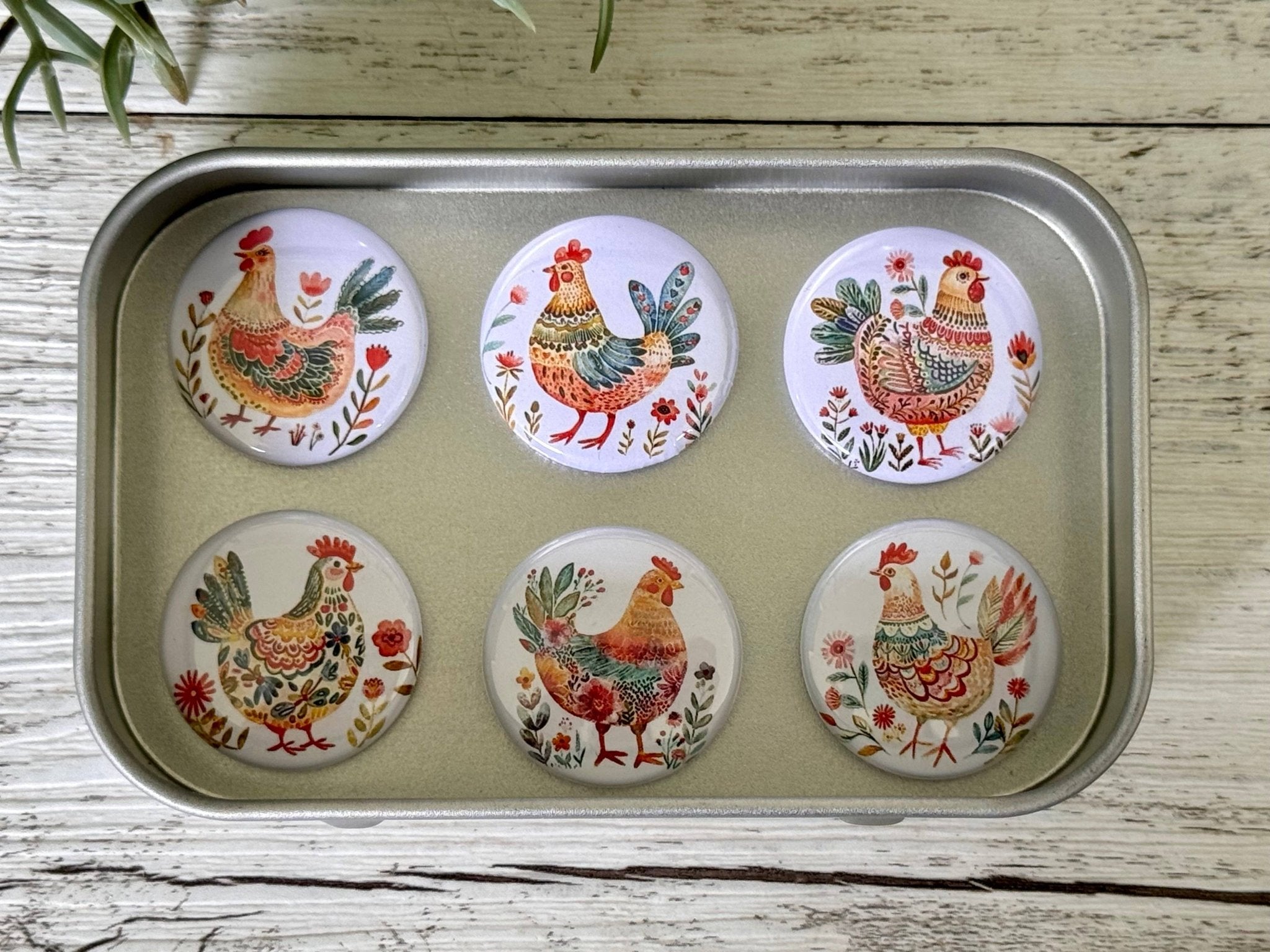 FOLK ART CHICKENS Magnets set of 6 in tin - Land to Coast